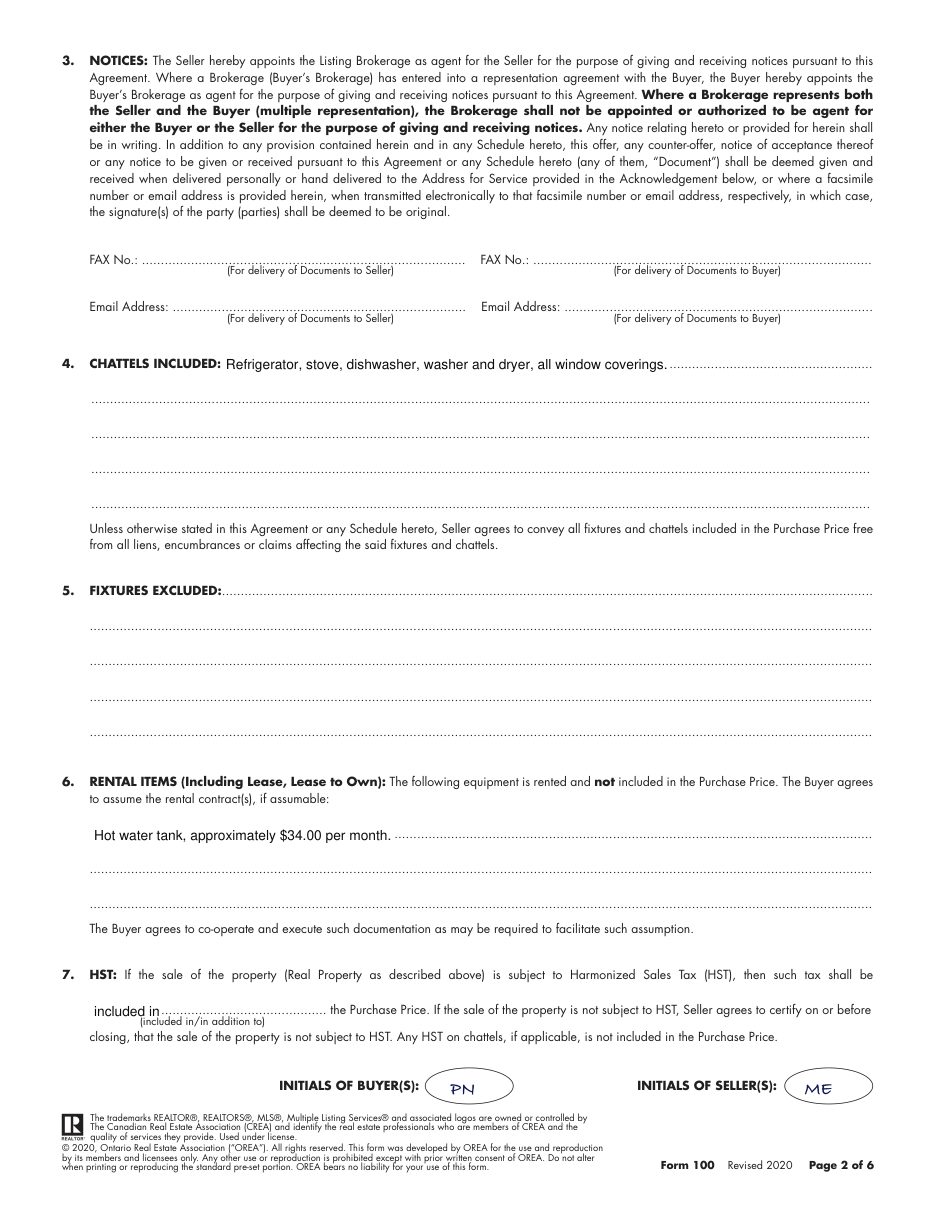 Form 100 Agreement of Purchase and Sale, page 2 of 6