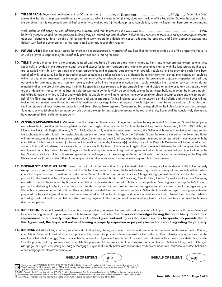 Form 100 Agreement of Purchase and Sale, page 3 of 6