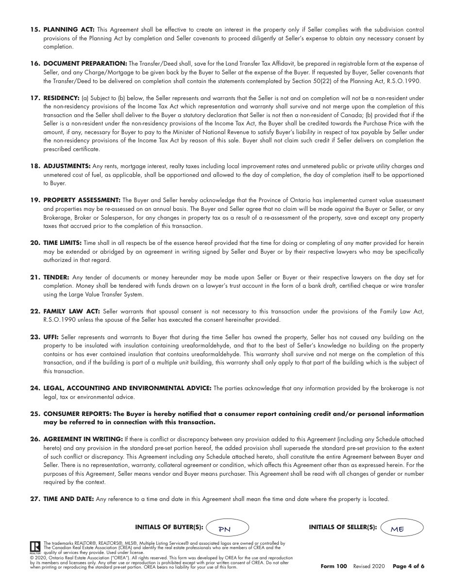 Form 100 Agreement of Purchase and Sale, page 4 of 6