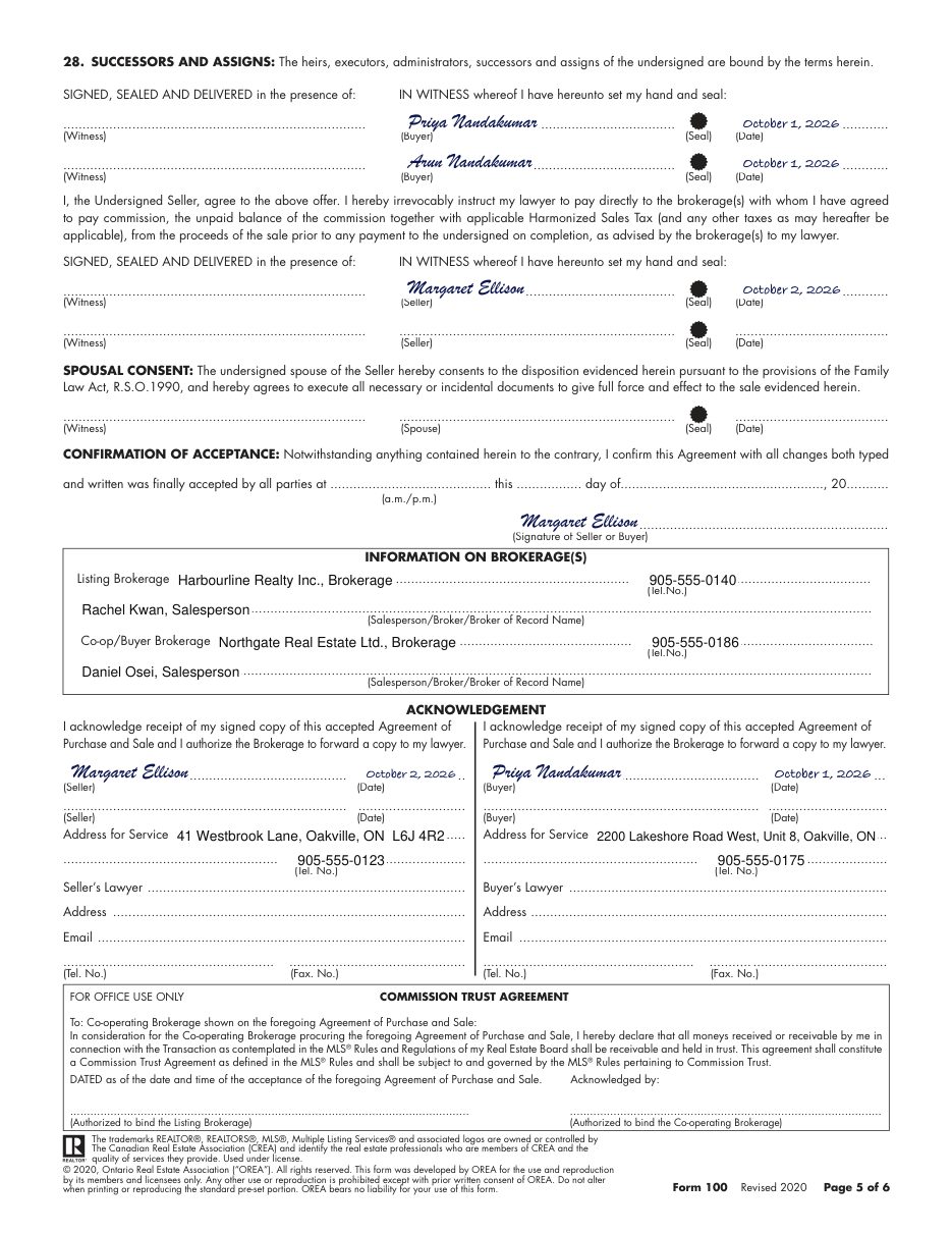 Form 100 Agreement of Purchase and Sale, page 5 of 6