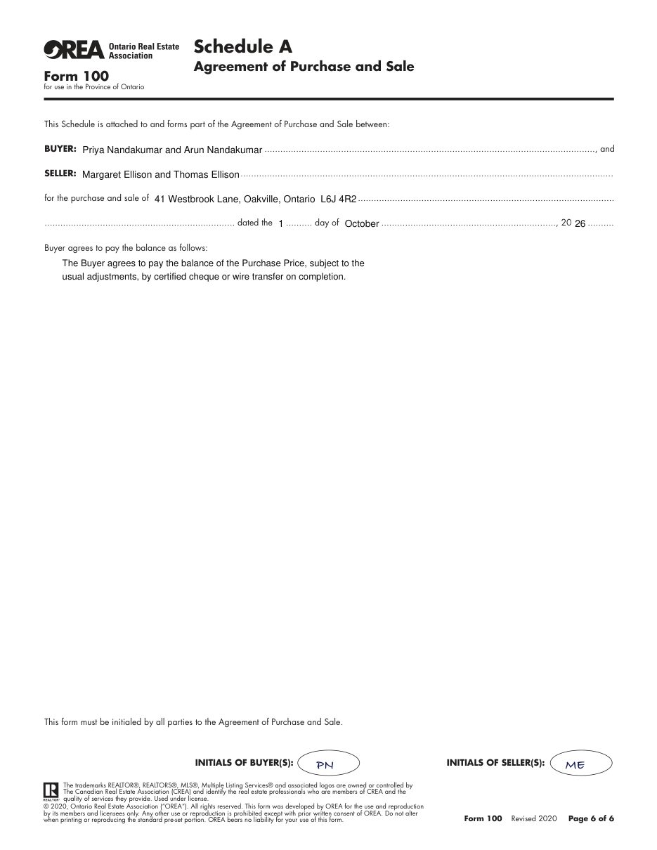 Form 100 Agreement of Purchase and Sale, page 6 of 6